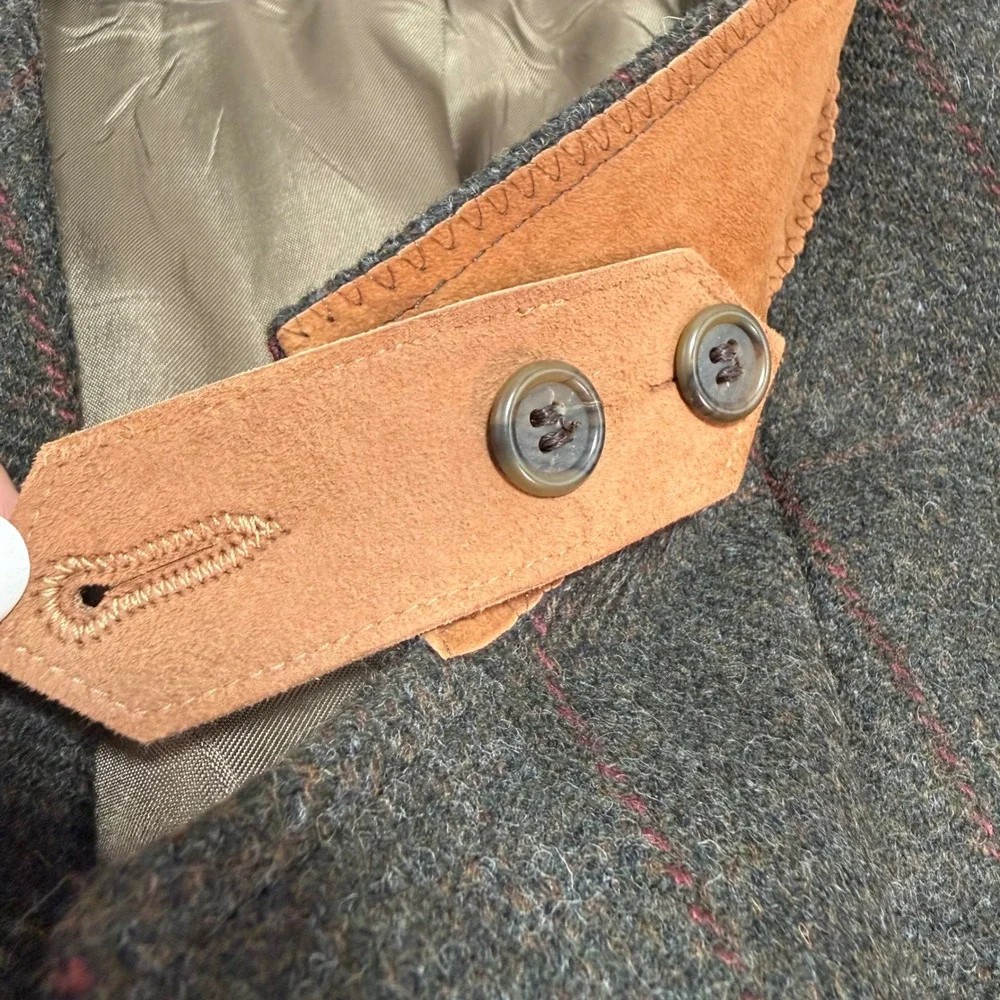 VTG Evan Picone Wool Tweed Herringbone Plaid Blazer Leather Elbow Patches 43L